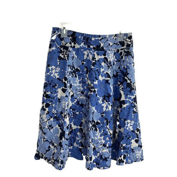 Rafaella Studio Womens 8 Linen Floral A Line Midi Skirt Blue White Summer Casual - Picture 4 of 7